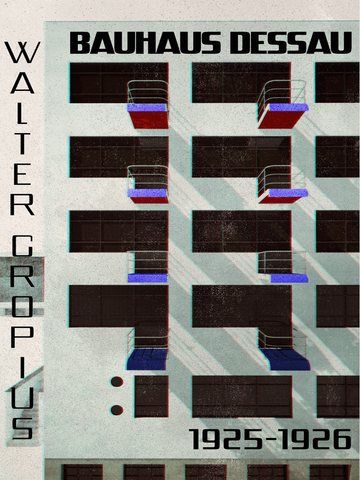 Poster des Bauhaus Dessau Gebäudes mit farbigen Balkonen.