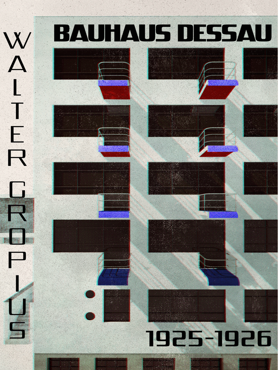 Poster des Bauhaus Dessau Gebäudes mit farbigen Balkonen.