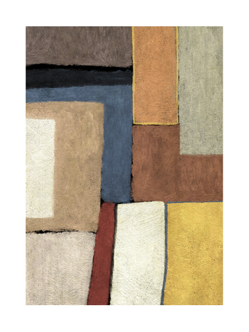 Bauhaus-Poster mit geometrischen Formen in erdigen Tönen.