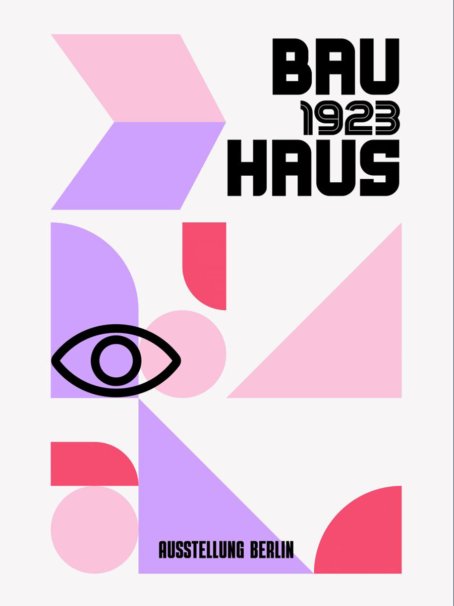 Grafik mit geometrischen Formen in Pink und Lila und dem Text Bauhaus 1923 Ausstellung Berlin.