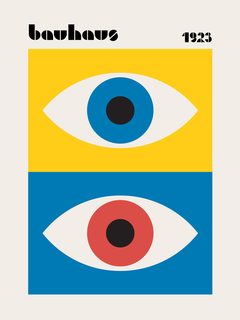 Abstrakte Darstellung von zwei Augen in Gelb und Blau im Bauhaus-Stil.