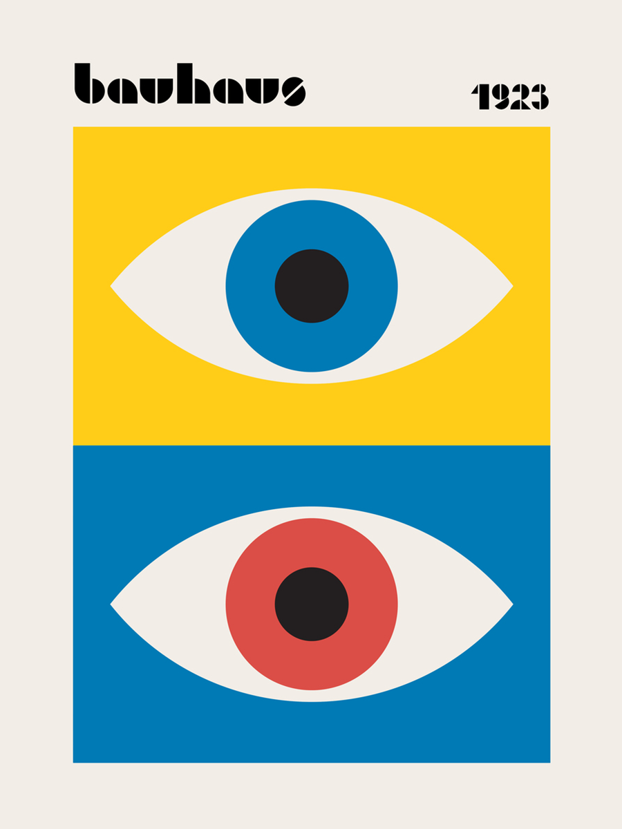 Abstrakte Darstellung von zwei Augen in Gelb und Blau im Bauhaus-Stil.