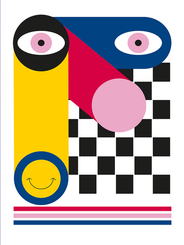 Ein Poster mit einem Gesicht im Bauhaus-Stil in Gelb, Schwarz, Rot, Blau und Pink.