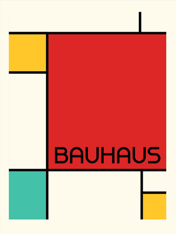 Grafische Illustration mit farbigen Quadraten und dem Text Bauhaus auf beigem Hintergrund.