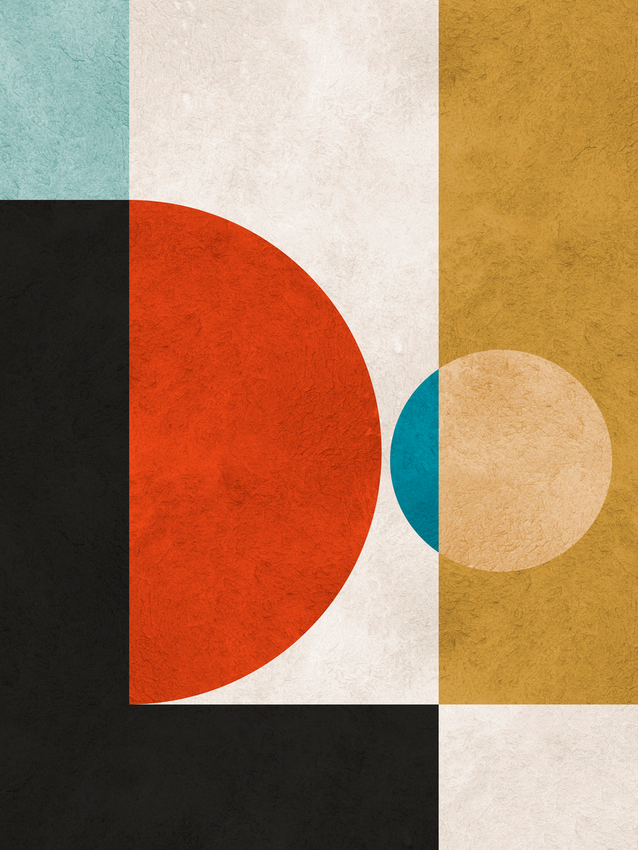 Grafische Illustration mit Kreisen und Rechtecken in Schwarz, Rot, Blau und Gelb auf strukturiertem Hintergrund.