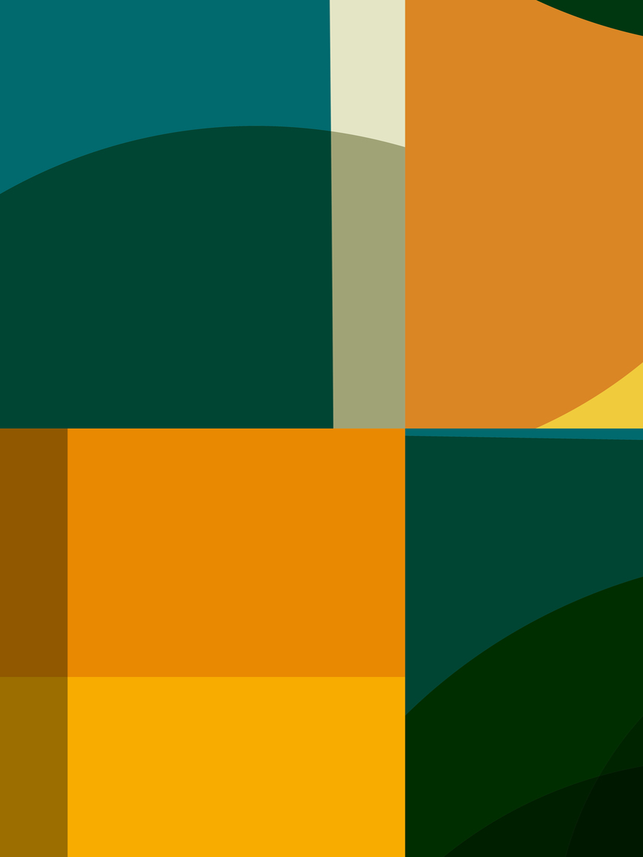 Grafische Illustration mit Quadraten und Kreisen in Orange-, Gelb- und Grüntönen.