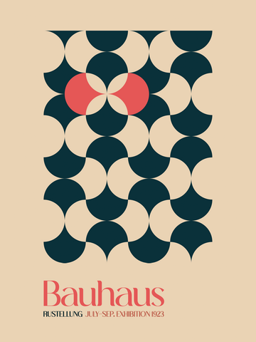 Grafische Illustration mit geometrischen Formen in Schwarz und Rosa auf beigem Hintergrund und dem Text "Bauhaus Ausstellung July - Sep. Exhibition 1923".