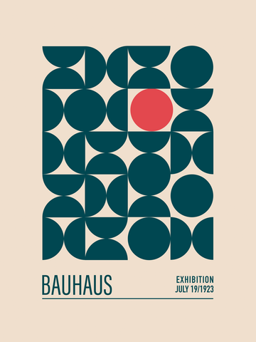 Grafische Illustration mit dunkelgrünen Formen und einem roten Kreis auf beigem Hintergrund, Text "Bauhaus exhibition July 19/1923".