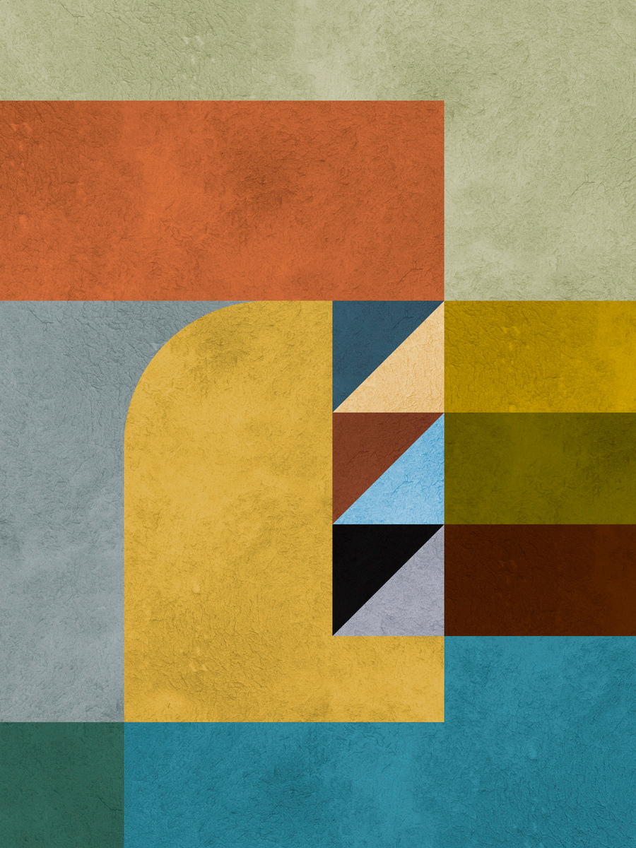 Abstrakte quadratische Formen in Gelb, Blau, Grün, Braun und Schwarz mit strukturiertem Effekt.