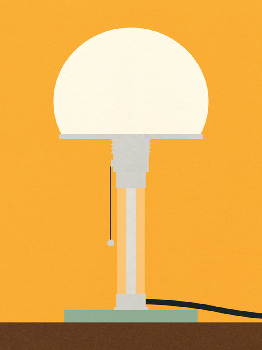 Illustration einer weißen Lampe mit orangefarbenem Hintergrund.