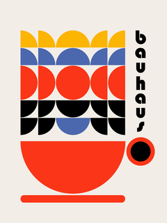 Grafische Illustration einer roten Vase mit geometrischen Formen in Blau, Gelb, Schwarz und Rot auf hellbeigem Hintergrund, daneben das Wort "Bauhaus".