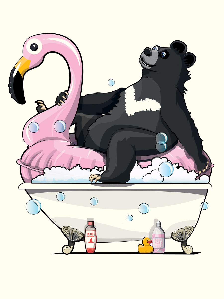 Ein Bär sitzt in einer Badewanne auf einem Flamingo-Schwimmring, umgeben von Seifenblasen.