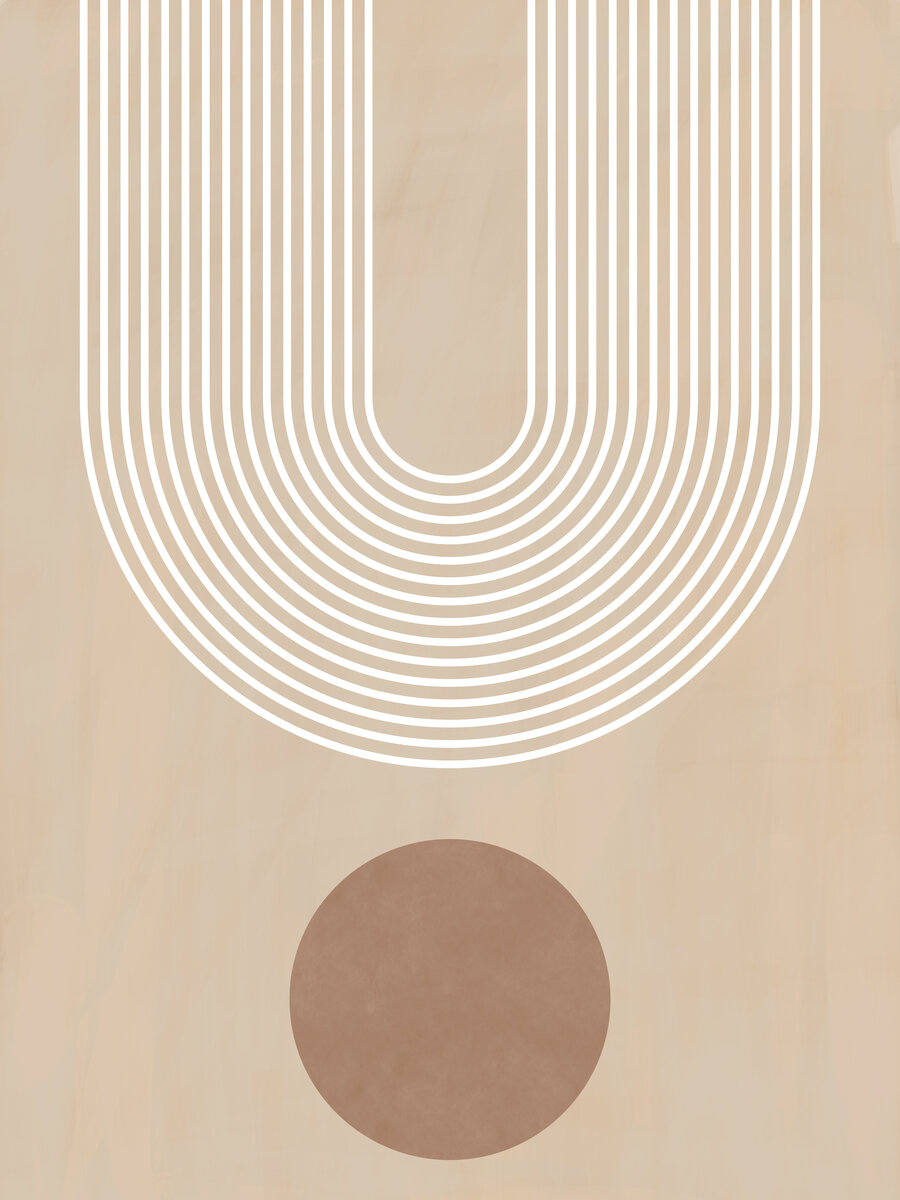 Grafische Illustration mit einem braunen Kreis und einer weißen, gebogenen Figur auf beigem Hintergrund.