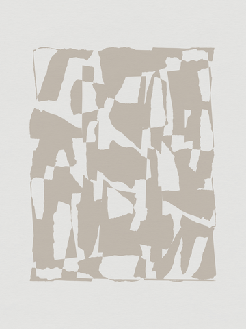 Grafische Collage mit beigen Formen auf hellgrauem Hintergrund.