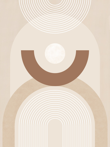 Grafische Illustration mit Bögen und Kreisen in Weiß und Braun auf beigem Hintergrund.