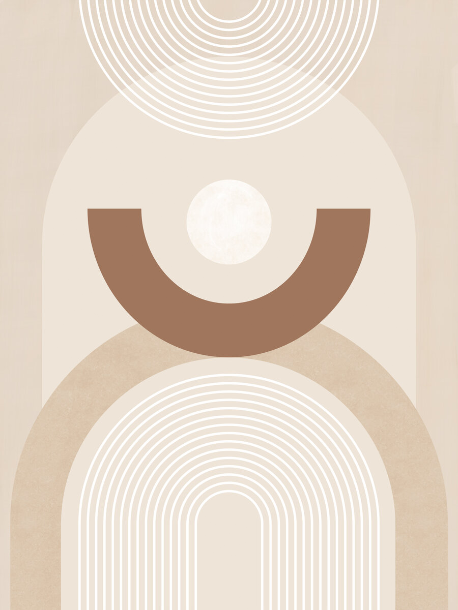 Grafische Illustration mit Bögen und Kreisen in Weiß und Braun auf beigem Hintergrund.