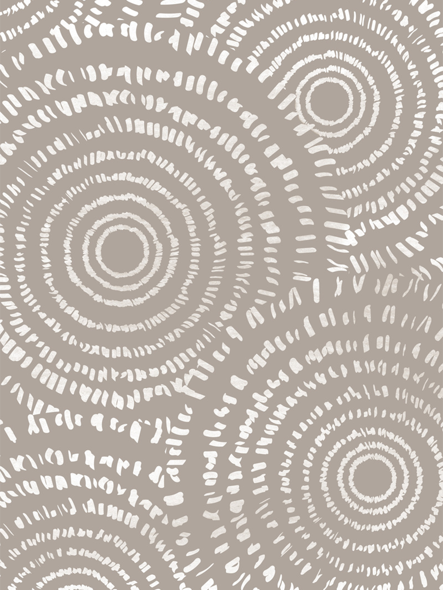 Poster mit weißen Kreismustern auf beigem Hintergrund.