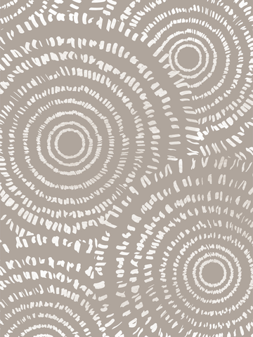 Poster mit weißen Kreismustern auf beigem Hintergrund.