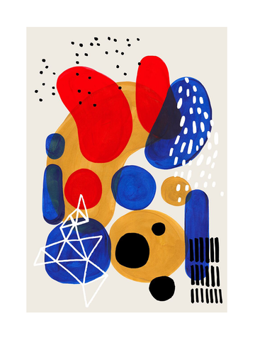 Buntes Acrylbild mit roten, blauen und gelben Formen und weißen und schwarzen Details.