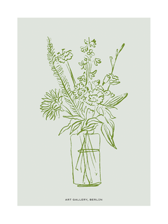 Grafische Illustration eines Blumenstraußes in einer Vase auf hellbeigem Hintergrund mit Text "Art Gallery, Berlin" am unteren Rand.