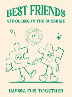 Illustration von zwei grünen Puzzleteilen, die Händchen halten, mit einem lachenden Sonnenmotiv und dem Text „Best friends strolling in the sunshine having fun together“ auf beigem Hintergrund.