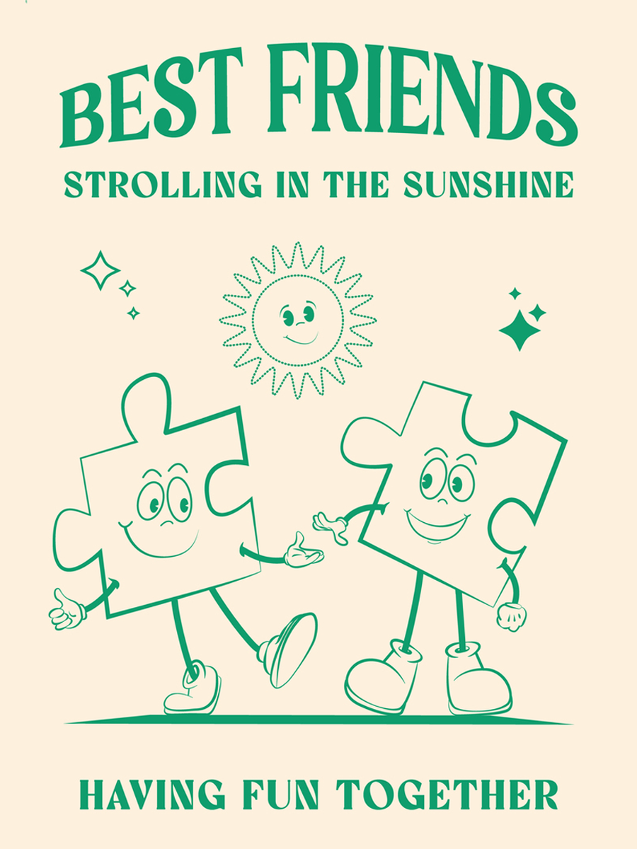 Illustration von zwei grünen Puzzleteilen, die Händchen halten, mit einem lachenden Sonnenmotiv und dem Text „Best friends strolling in the sunshine having fun together“ auf beigem Hintergrund.