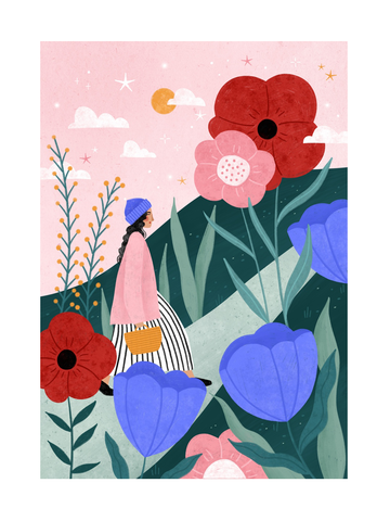Illustration einer Frau in rosa Mantel und blauem Hut, die zwischen großen Blumen spaziert.