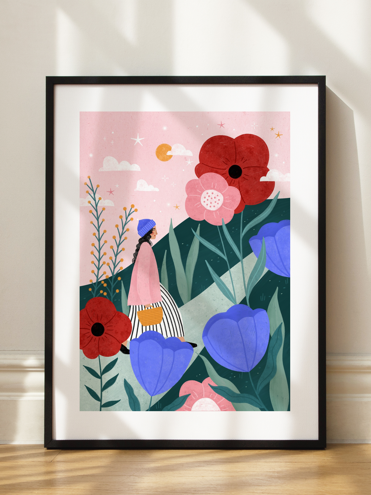 Woman Walking in Flower Garden