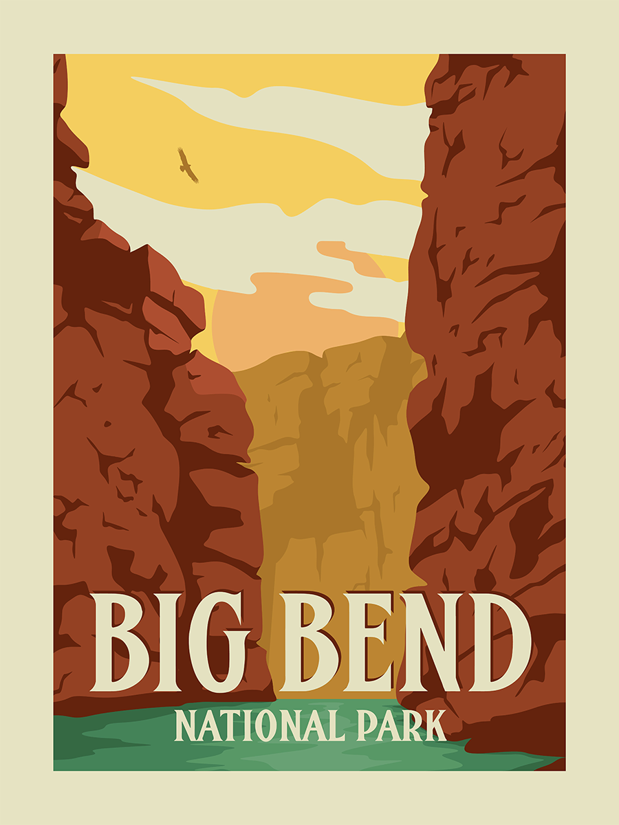 Illustration des Big Bend Nationalparks mit einer Schlucht und gelbem Himmel.