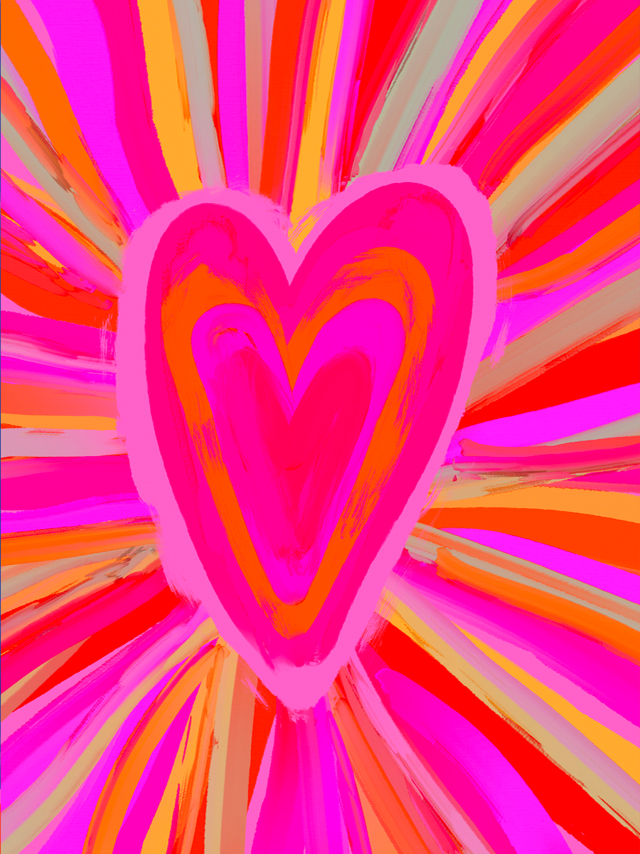 Poster mit einem großen pinken Herz und bunten Strichen auf grauem Hintergrund.