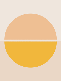 Grafische Illustration mit einem großen Kreis in Orange und Gelb auf einem beigen Hintergrund.