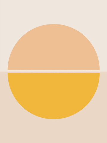 Grafische Illustration mit einem großen Kreis in Orange und Gelb auf einem beigen Hintergrund.