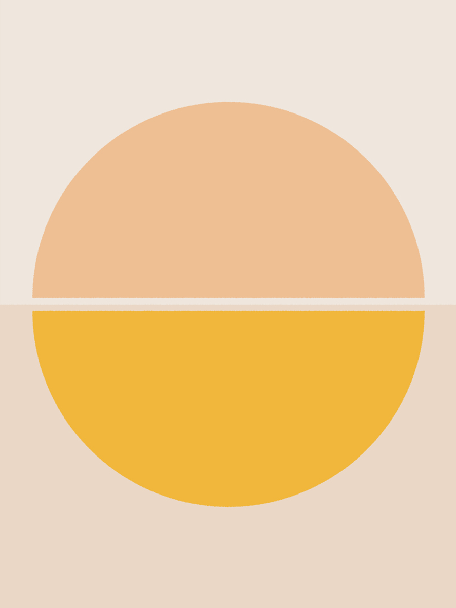 Grafische Illustration mit einem großen Kreis in Orange und Gelb auf einem beigen Hintergrund.