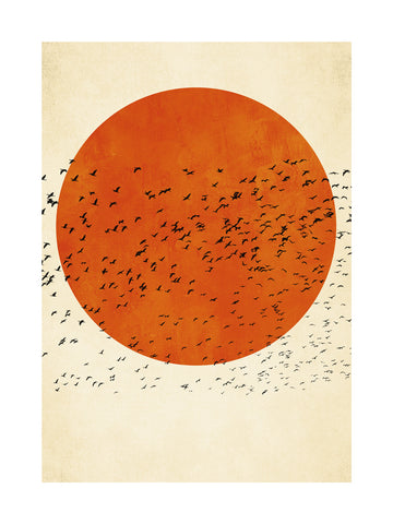 Grafische Illustration mit einem Vogelschwarm vor einem orangefarbenen Kreis auf beigem Hintergrund.
