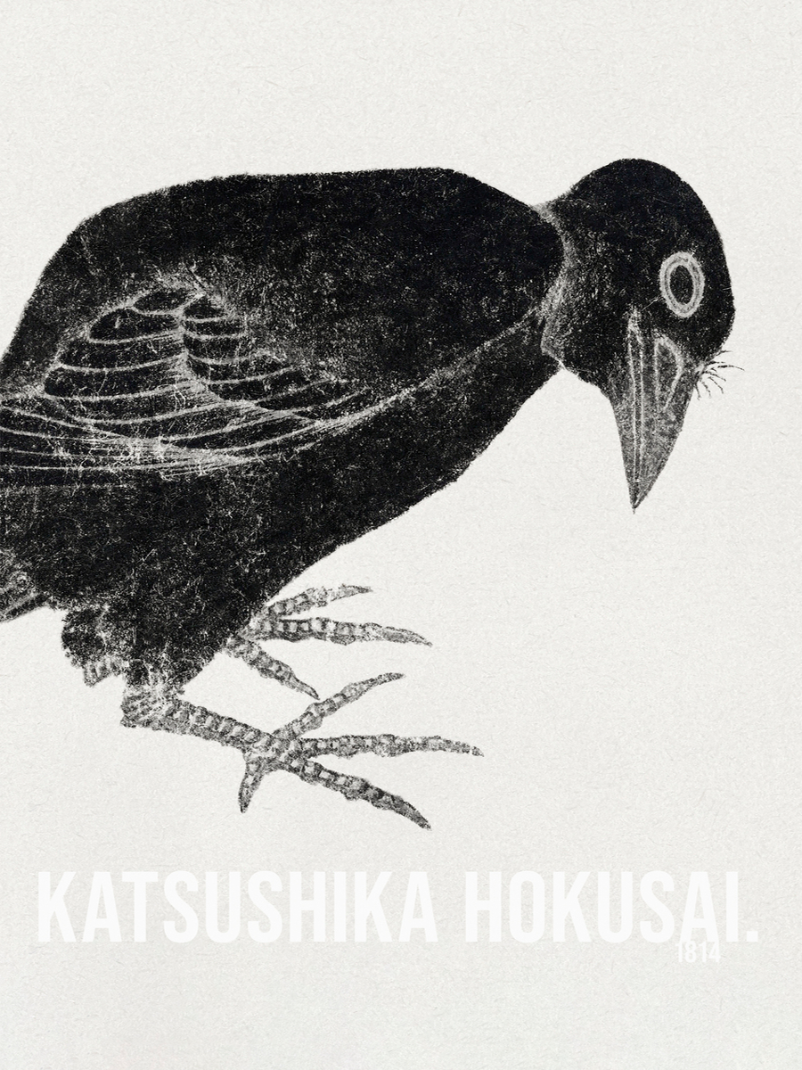 Schwarz-weiß-Illustration eines Vogels mit dem Text "Katsushika Hokusai" darunter.