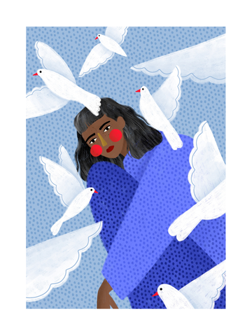 Frau in blauem gepunkteten Kleid mit weißen Tauben auf hellblauem Hintergrund.