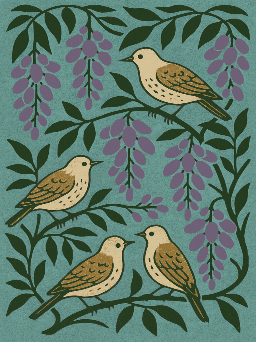 Poster mit lila Blumen und Vögeln auf hellblauem Hintergrund.