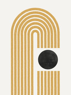 Grafik mit einer schwarzen Kugel und einem Bogen aus gelben Linien auf grauem Hintergrund.