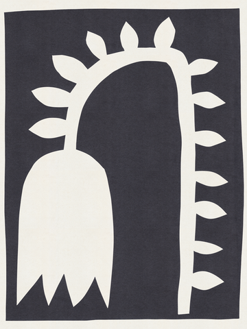 Schwarz-weiß-Illustration einer stilisierten Blume mit weißen Blütenblättern auf schwarzem Hintergrund.