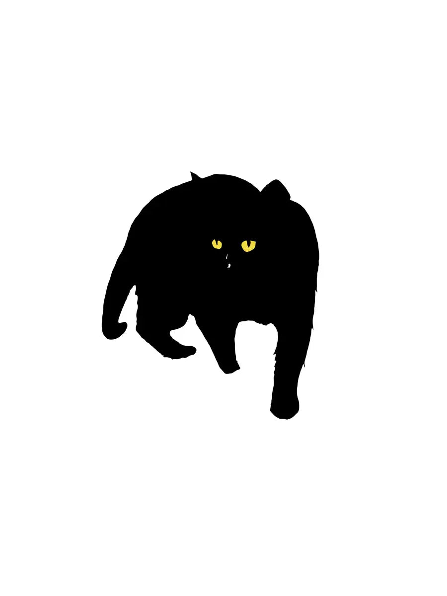 Poster einer schwarzen Katze mit gelben Augen auf weißem Hintergrund.