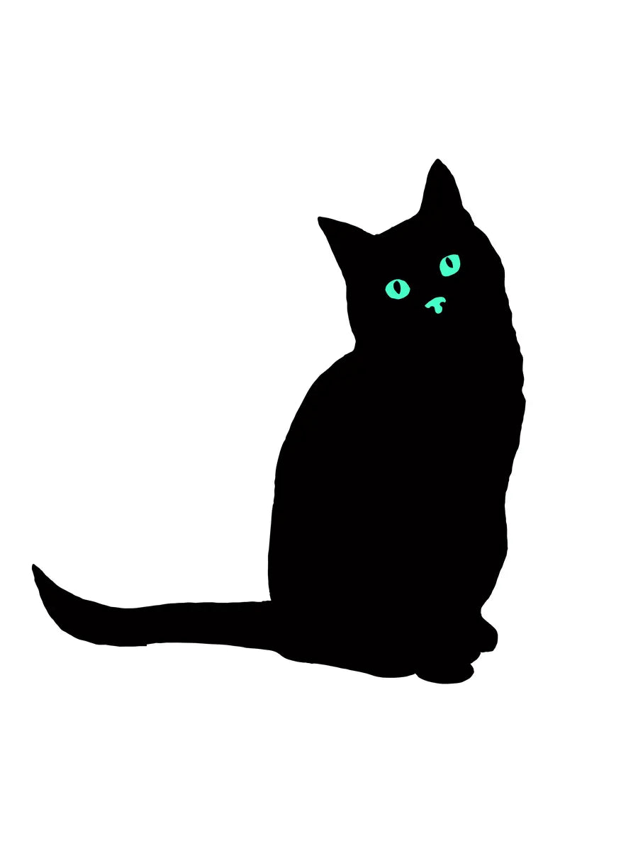 Poster einer schwarzen Katze mit grünen Augen auf weißem Hintergrund.