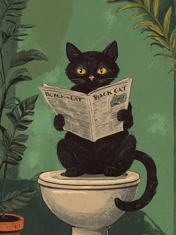 Eine schwarze Katze sitzt auf der Toilette und liest eine Zeitung, umgeben von Pflanzen auf grünem Hintergrund.