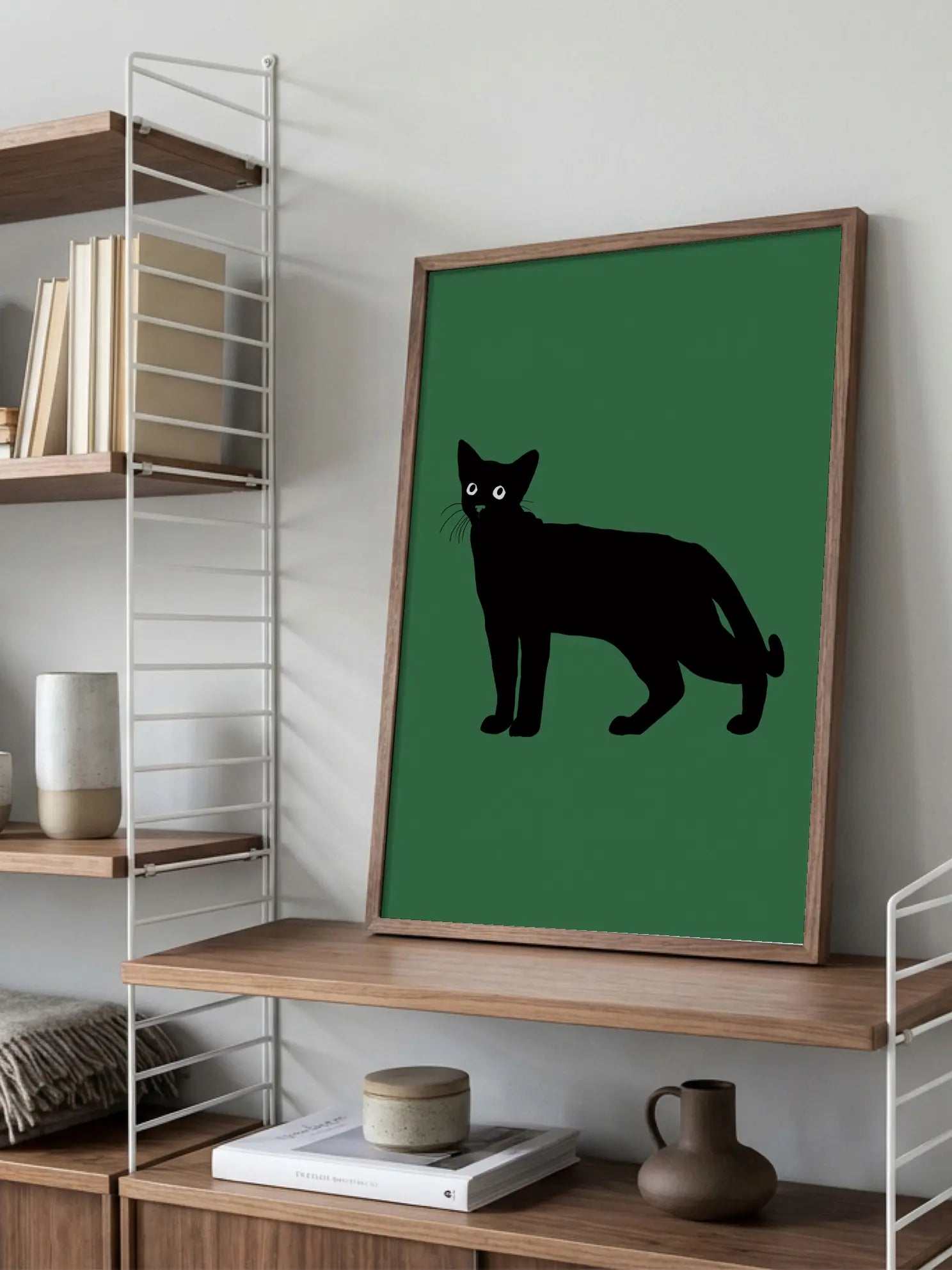 Black Cat in Green Minimalist Poster