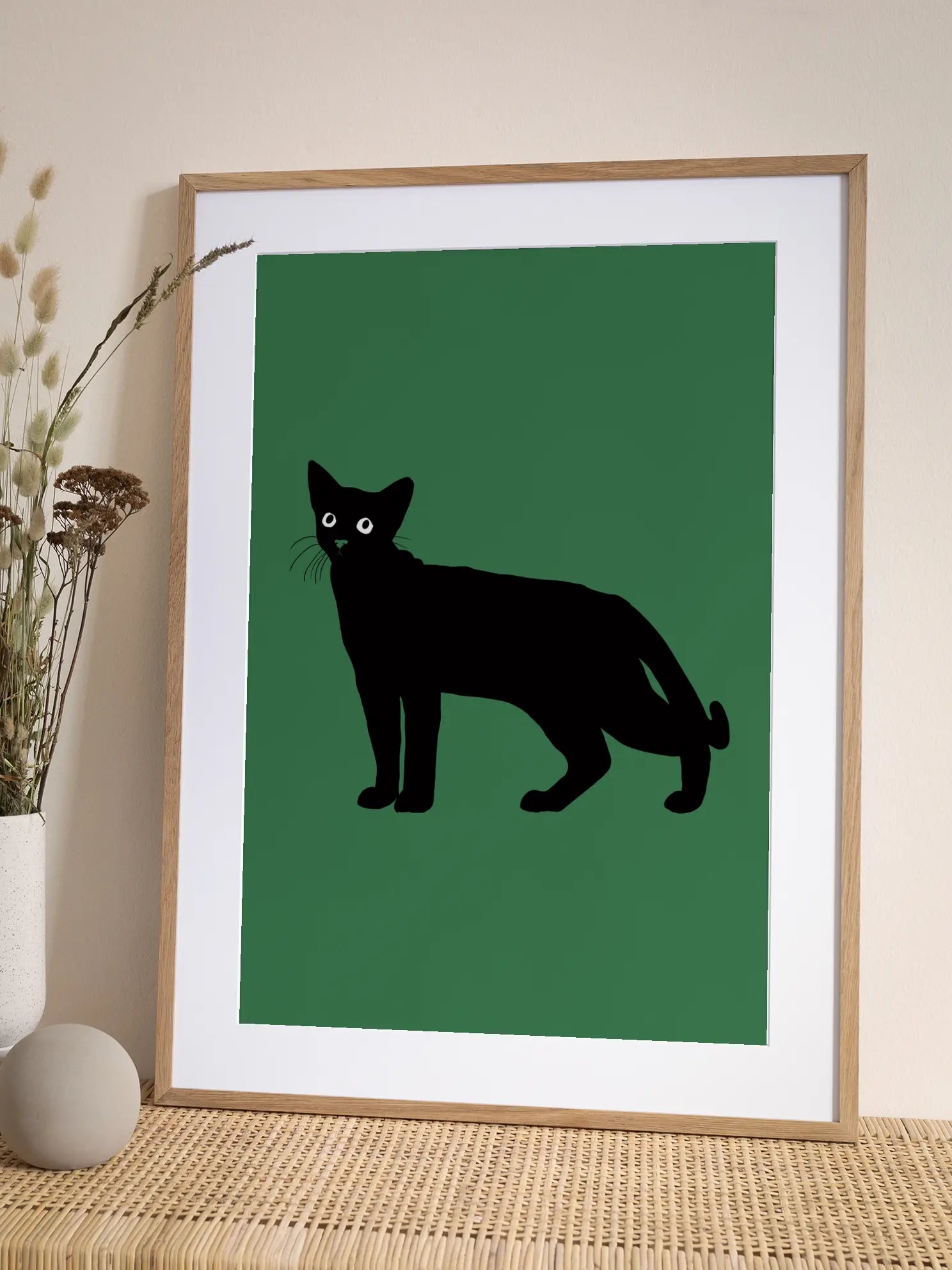 Black Cat in Green Minimalist Poster