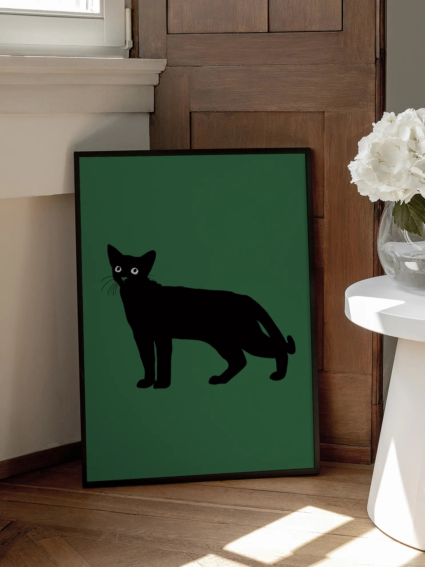 Black Cat in Green Minimalist Poster