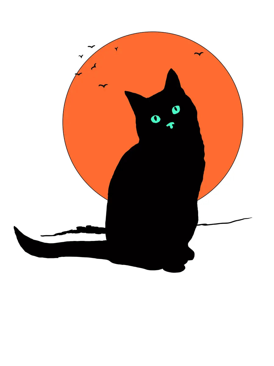 Poster einer schwarzen Katze mit grünen Augen vor einem orangefarbenen Mond und schwarzen Vögeln auf weißem Hintergrund.