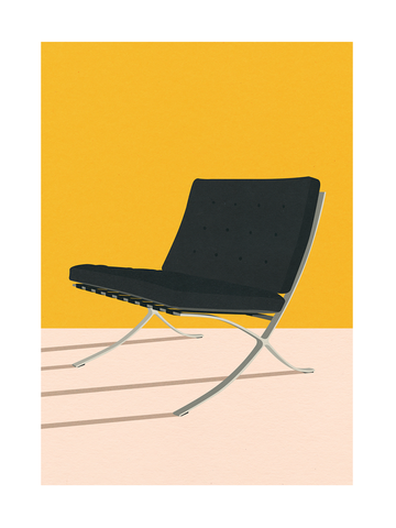 Poster mit einem schwarzen Sessel vor einem gelben Hintergrund.