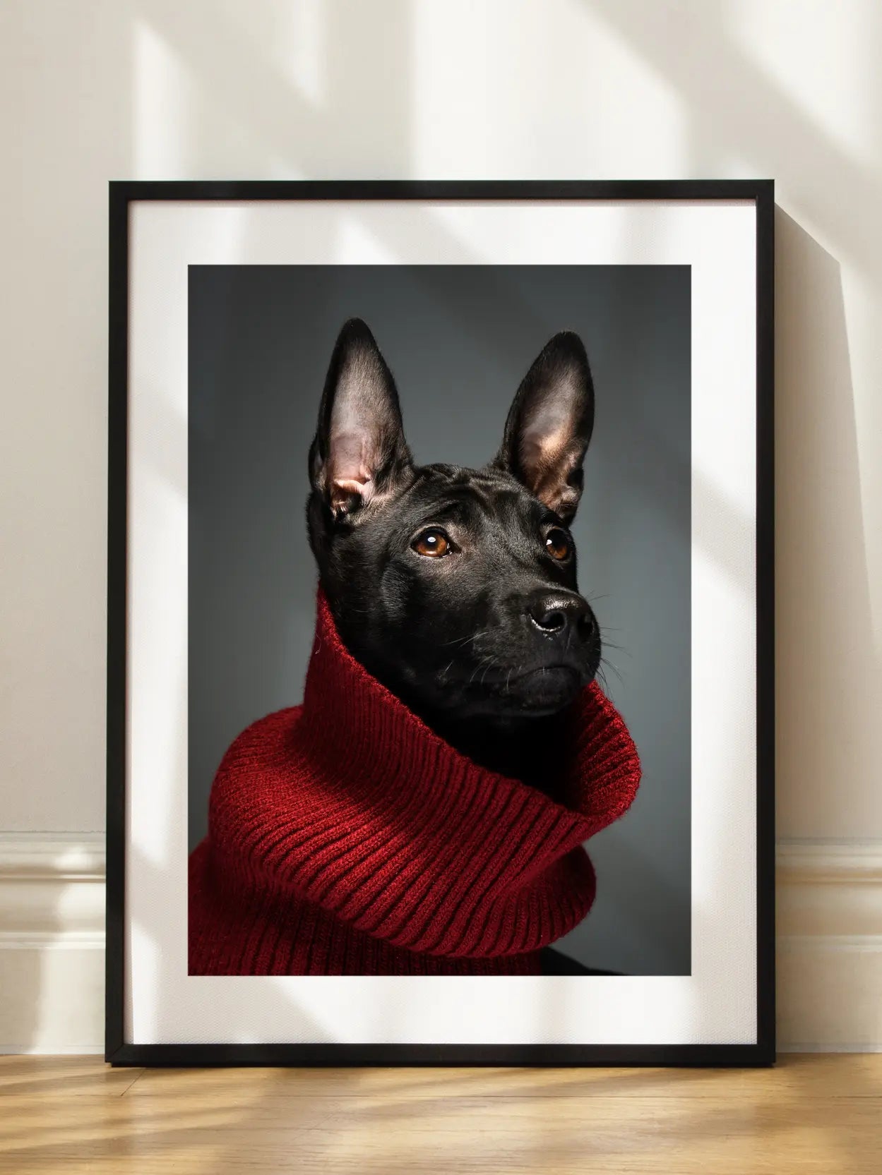 Black Dog in Red Turtleneck Poster