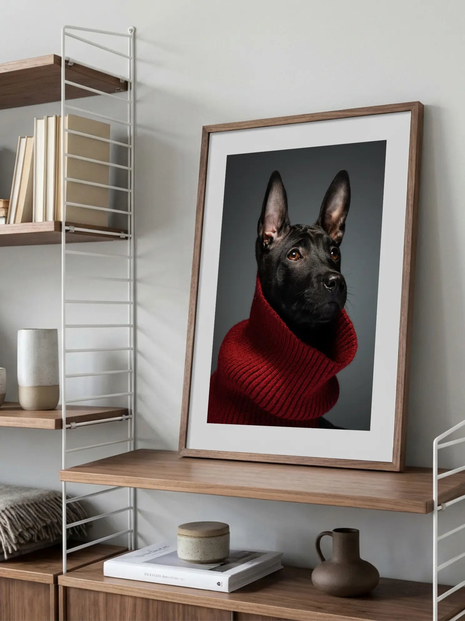 Black Dog in Red Turtleneck Poster