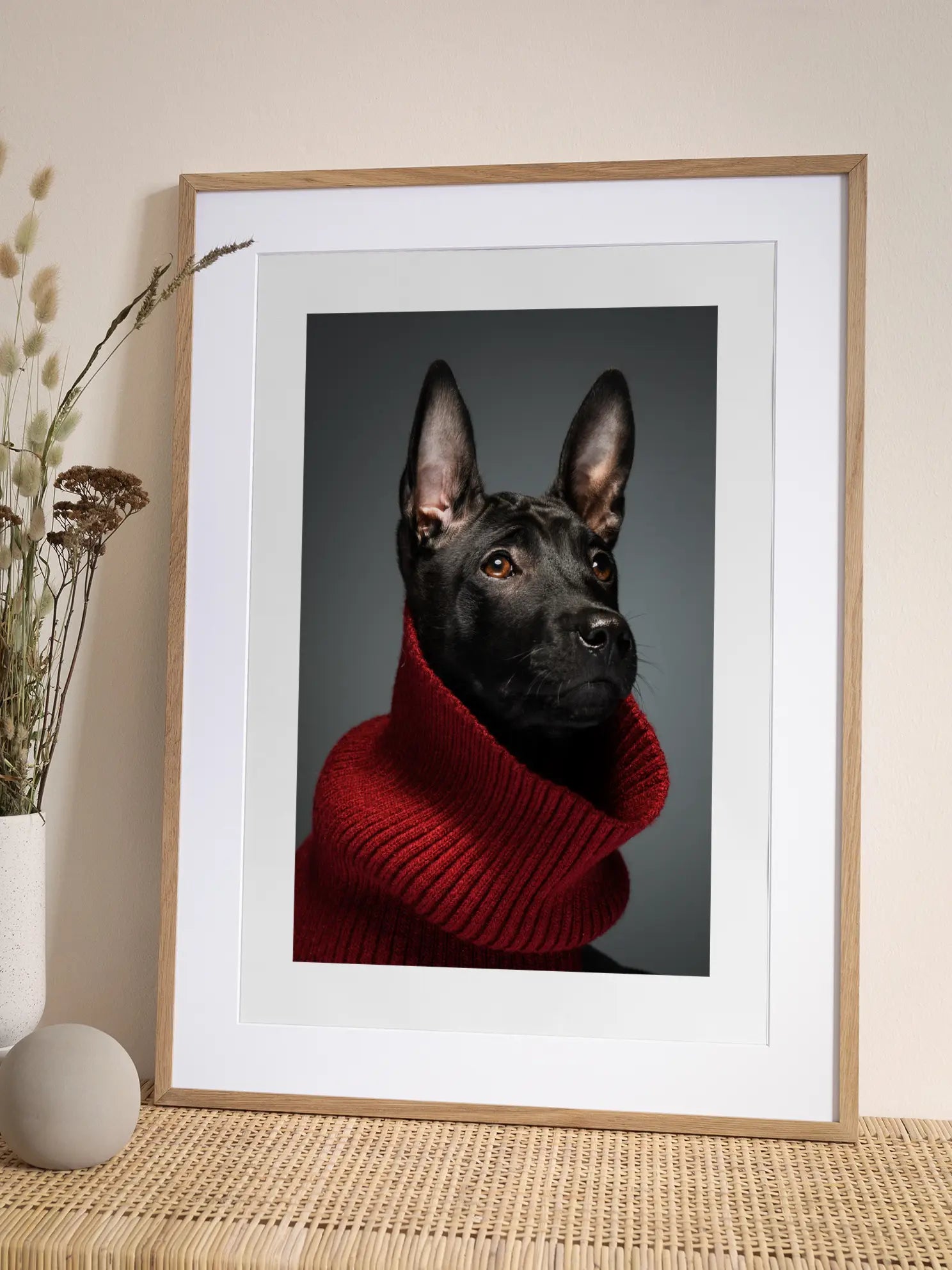 Black Dog in Red Turtleneck Poster